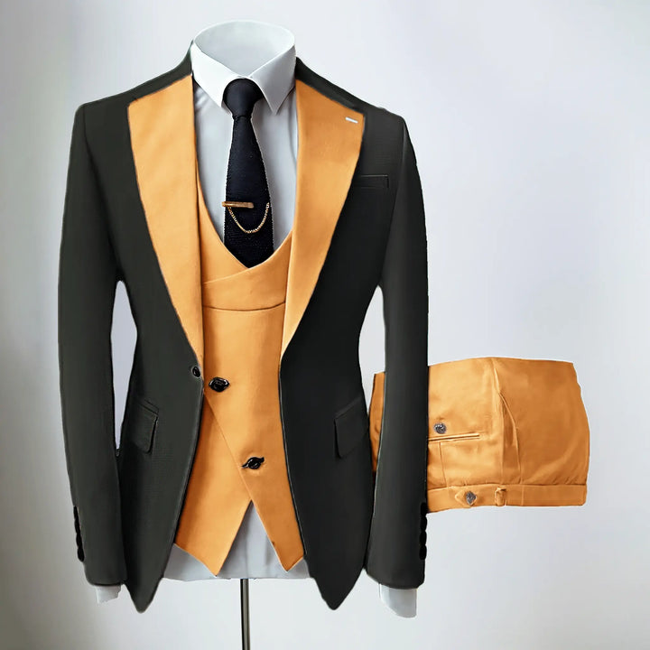 Men's slim fit three-piece suit with contrasting notch lapels and button-front waistcoat