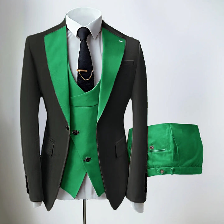Men's slim fit three-piece suit with contrasting notch lapels and button-front waistcoat