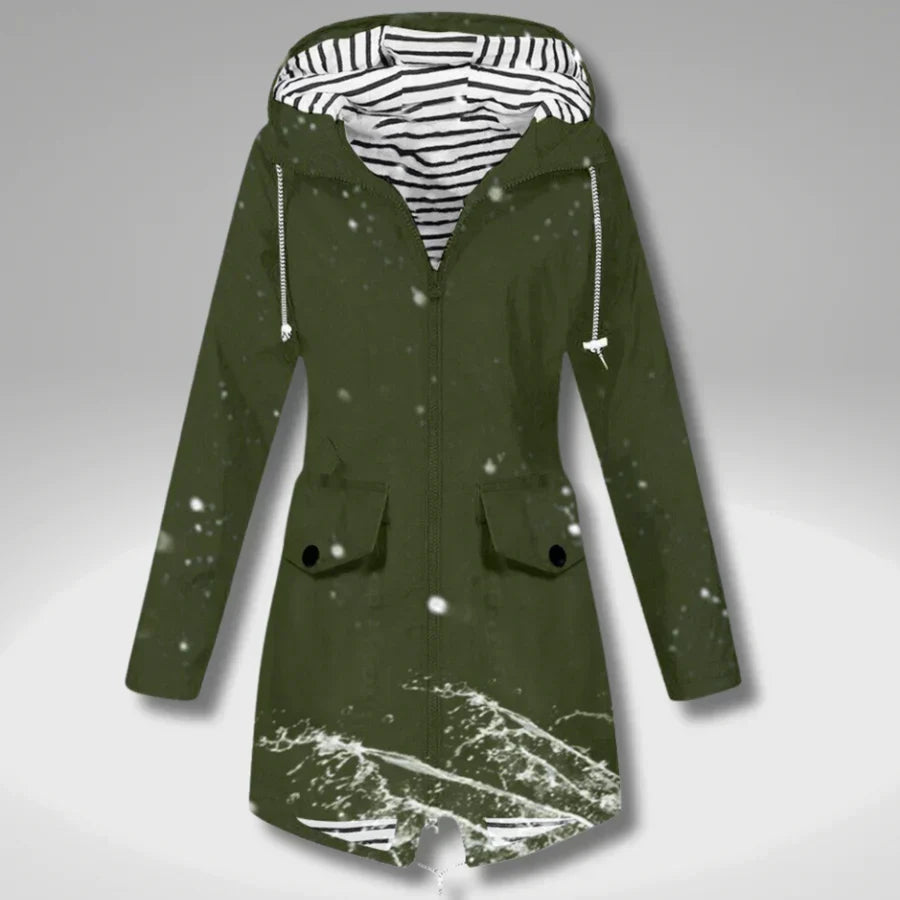 Women's hooded trench coat with long sleeves, zip front and flap pockets