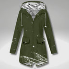 Women's hooded trench coat with long sleeves, zip front and flap pockets