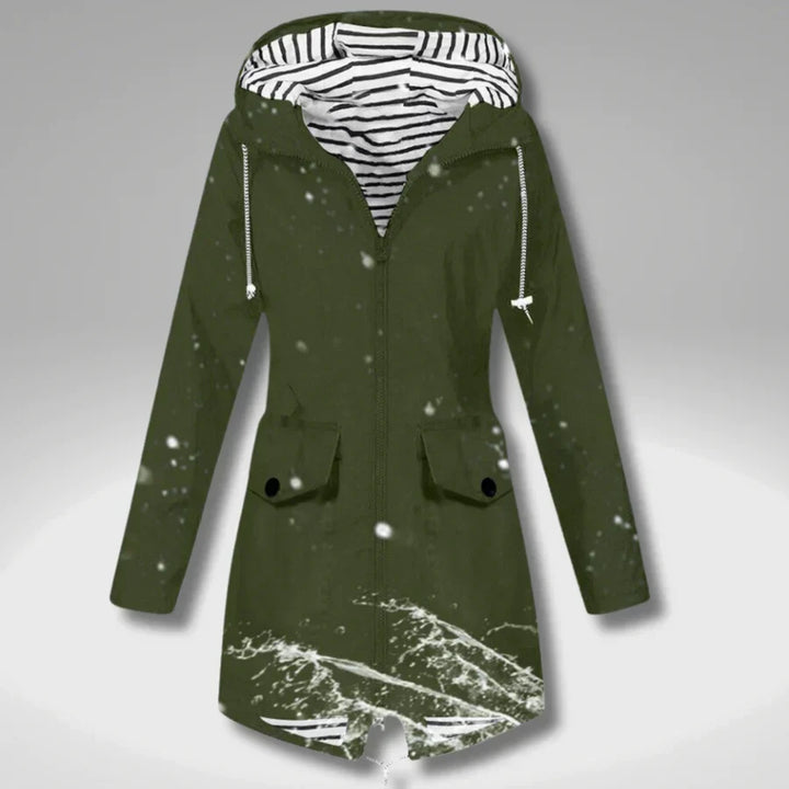 Women's hooded trench coat with long sleeves, zip front and flap pockets
