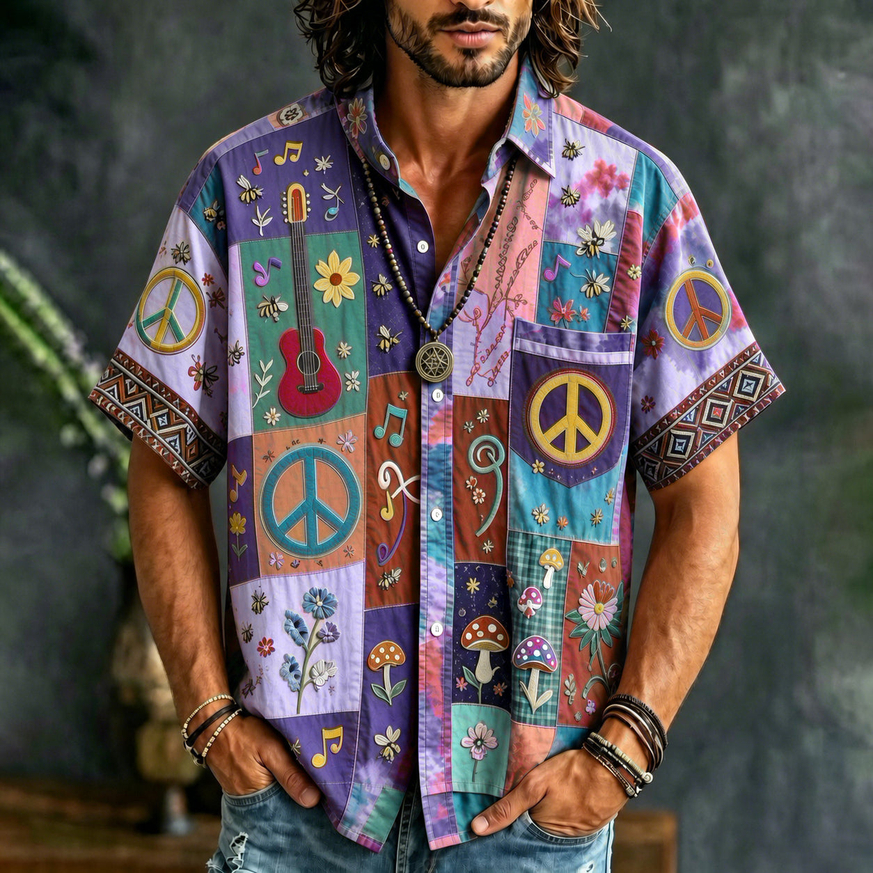 Men's short-sleeve patchwork shirt with peace signs and guitar motifs