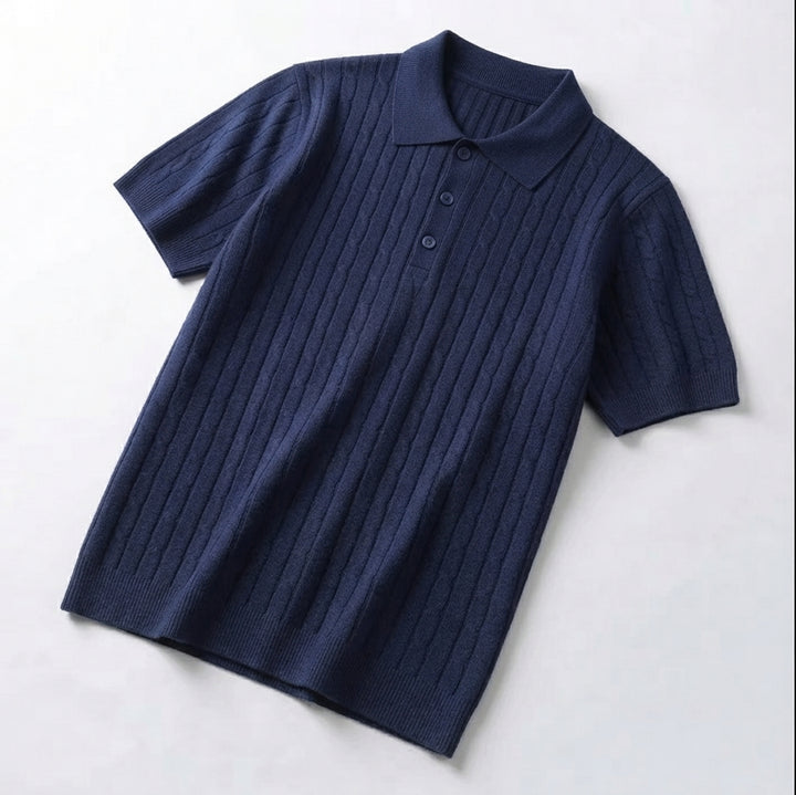 Men's Cable Knit Polo Shirt, Collared, Short Sleeves