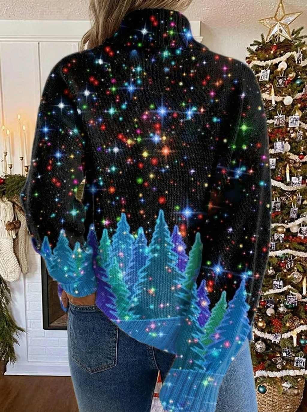 Women's festive turtleneck sweater with colourful Christmas trees and stars