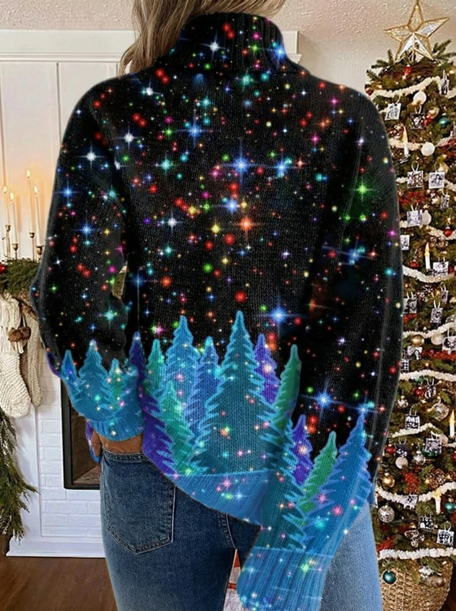 Women's festive turtleneck sweater with colourful Christmas trees and stars