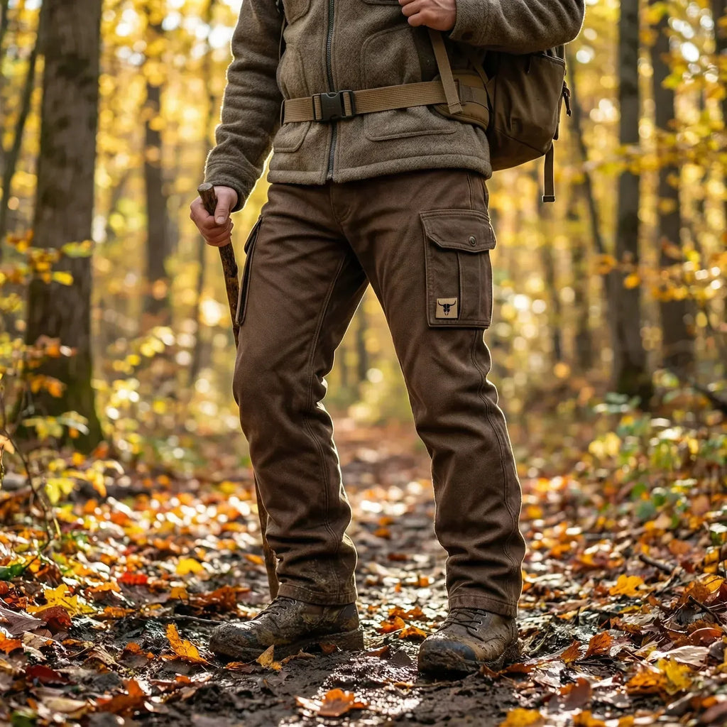 Men's brown cargo trousers with belt and button-flap utility pockets