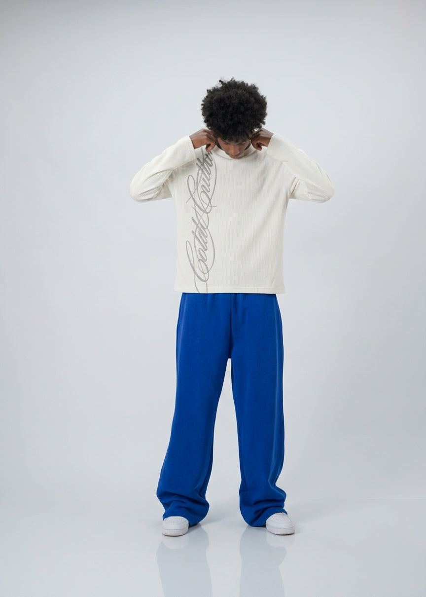 Men's White Waffle Sweatshirt, Graphic Print, Crew Neck