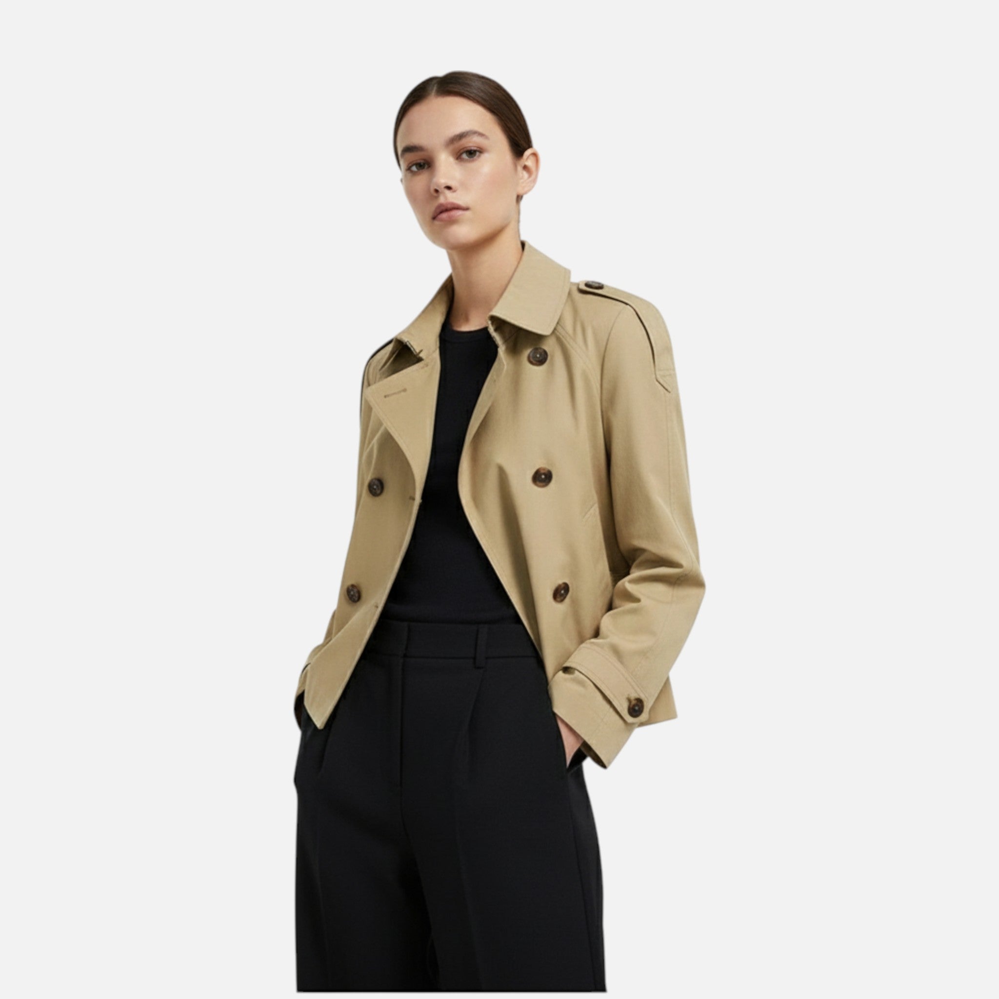 Women's short belted trench jacket with high collar and button front