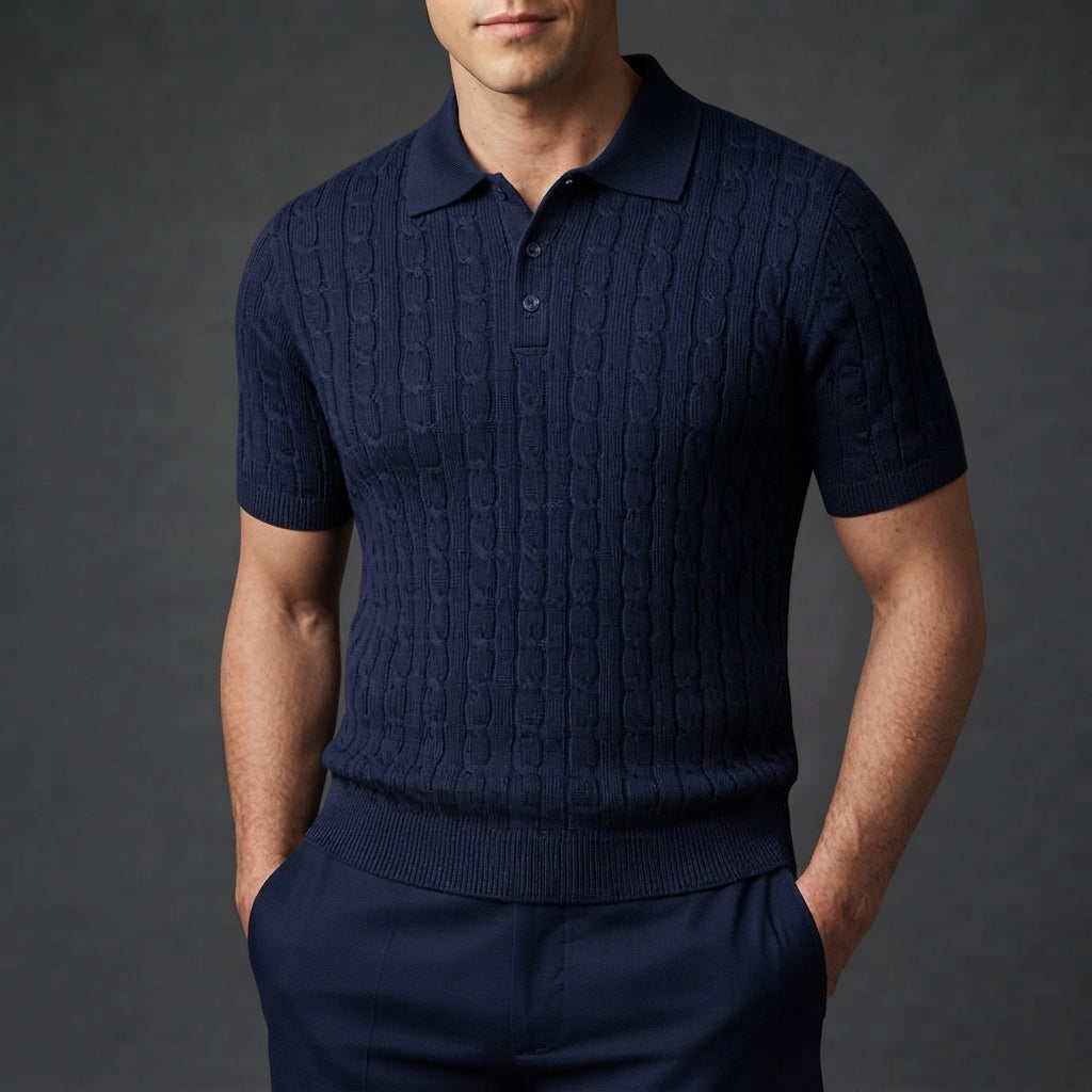Men's Cable Knit Polo Shirt, Collared, Short Sleeves