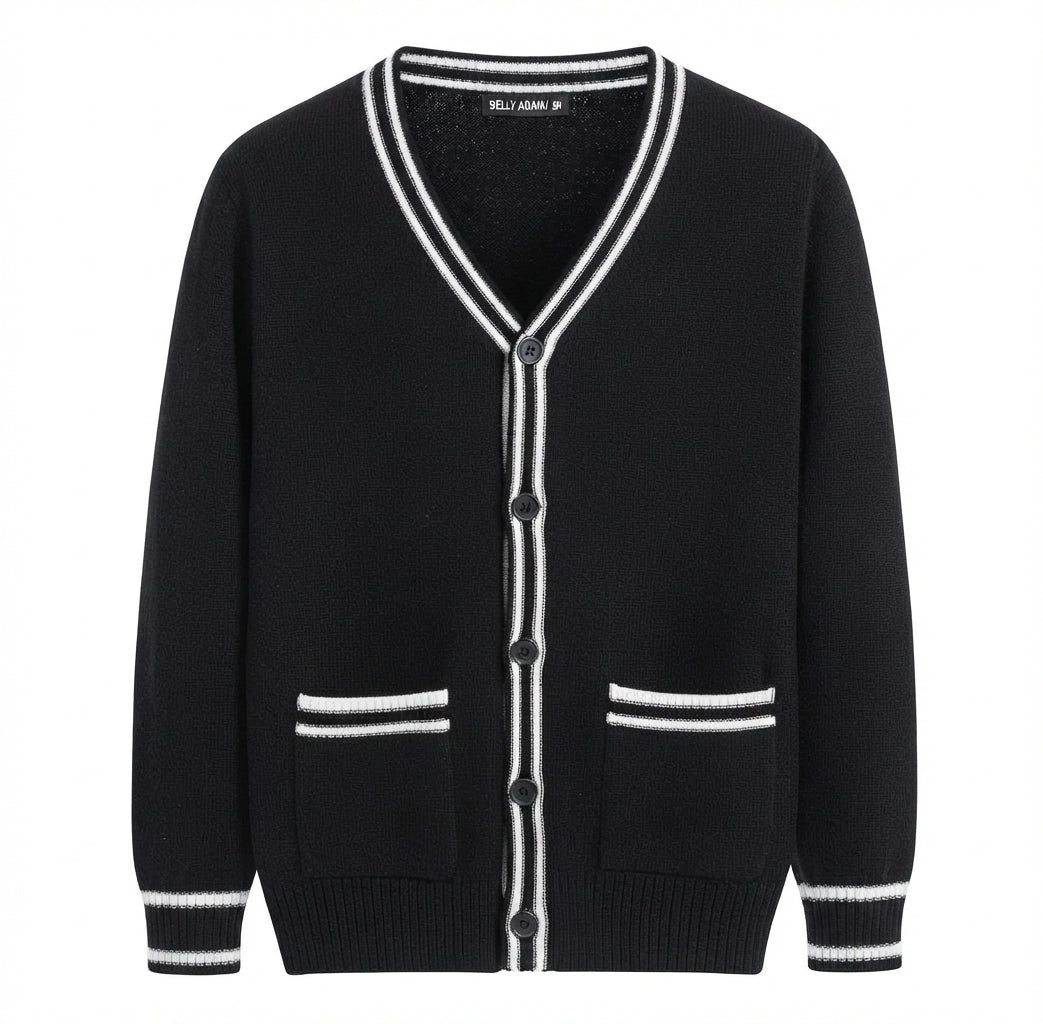 Men's Navy Cardigan, Contrast Trim, V-Neck, Long Sleeves