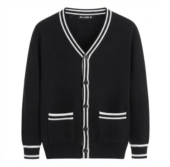 Men's Navy Cardigan, Contrast Trim, V-Neck, Long Sleeves