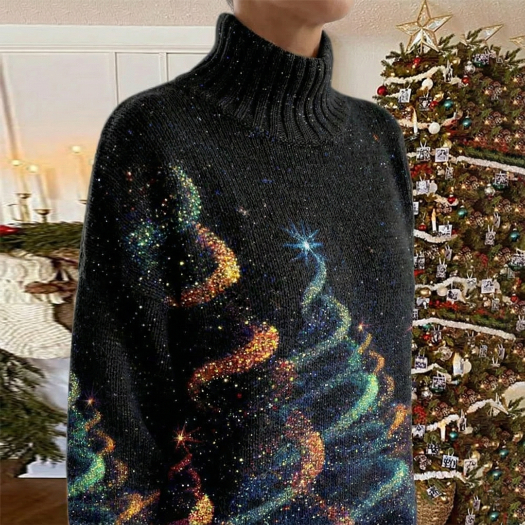 Women's festive turtleneck sweater with colourful Christmas trees and stars