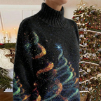 Women's festive turtleneck sweater with colourful Christmas trees and stars