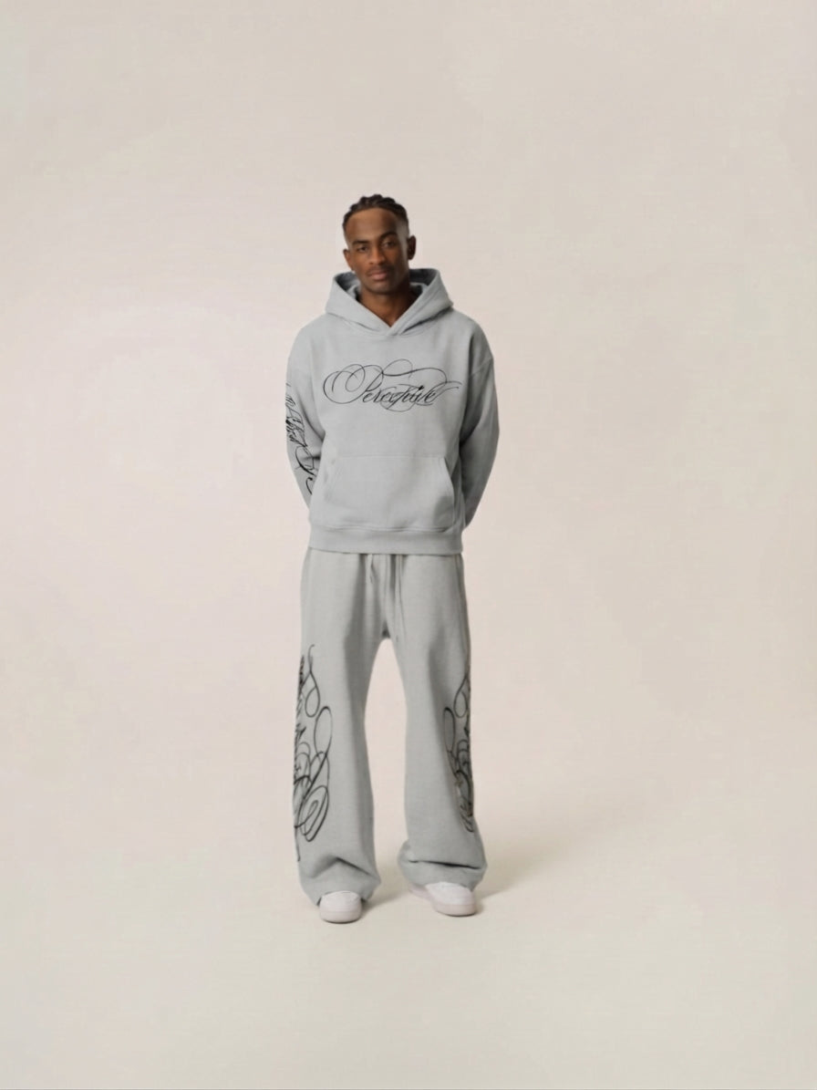 Men's Grey Script Graphic Hoodie, Relaxed Fit, Sleeve Print