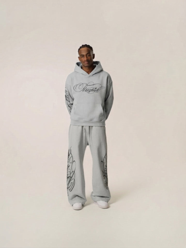 Men's Grey Script Graphic Hoodie, Relaxed Fit, Sleeve Print