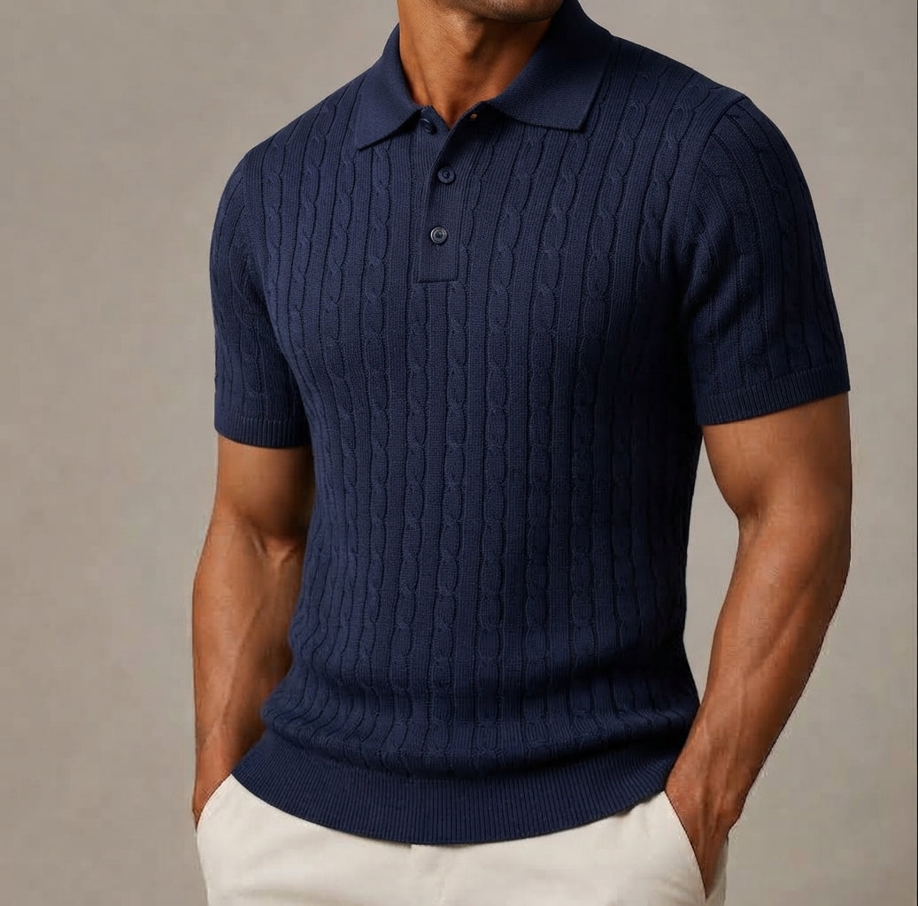 Men's Cable Knit Polo Shirt, Collared, Short Sleeves