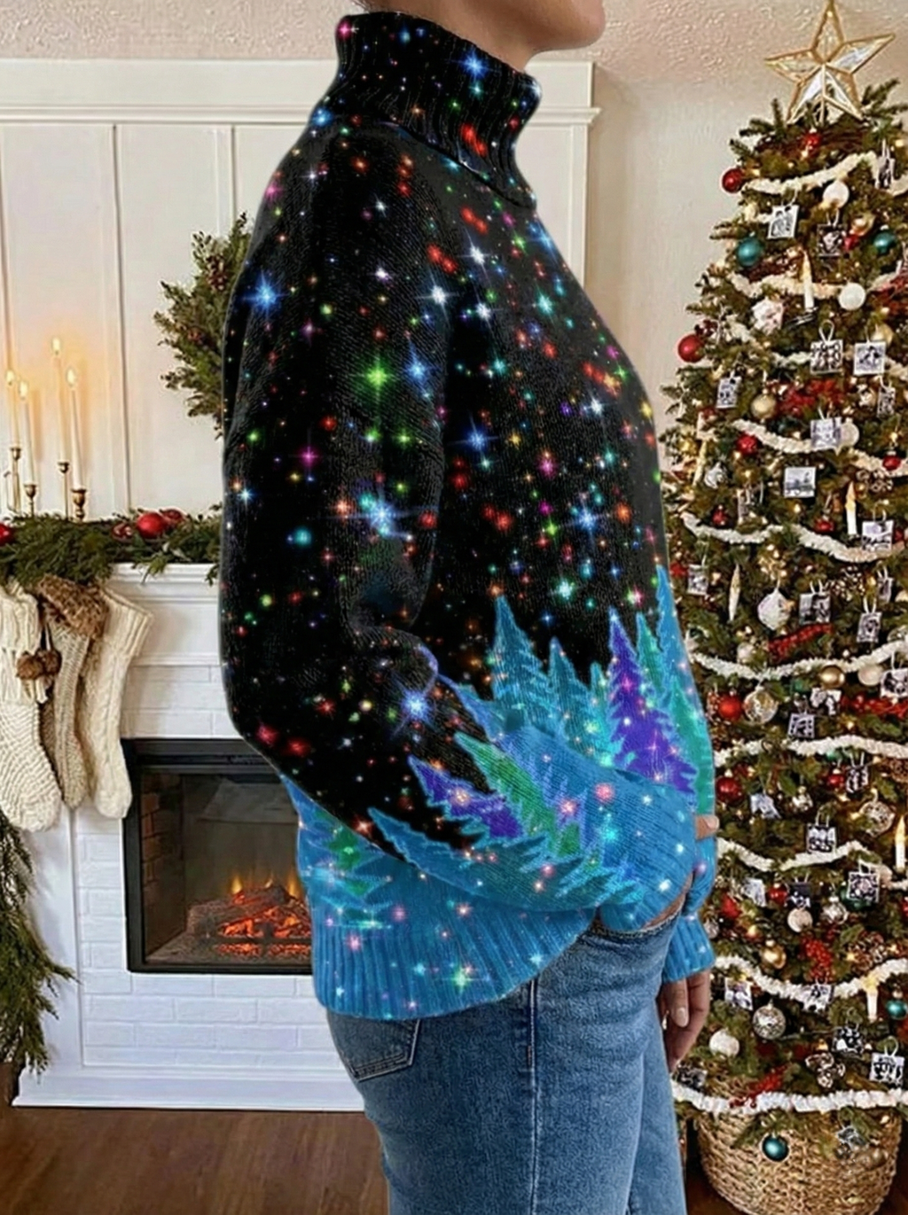 Women's festive turtleneck sweater with colourful Christmas trees and stars