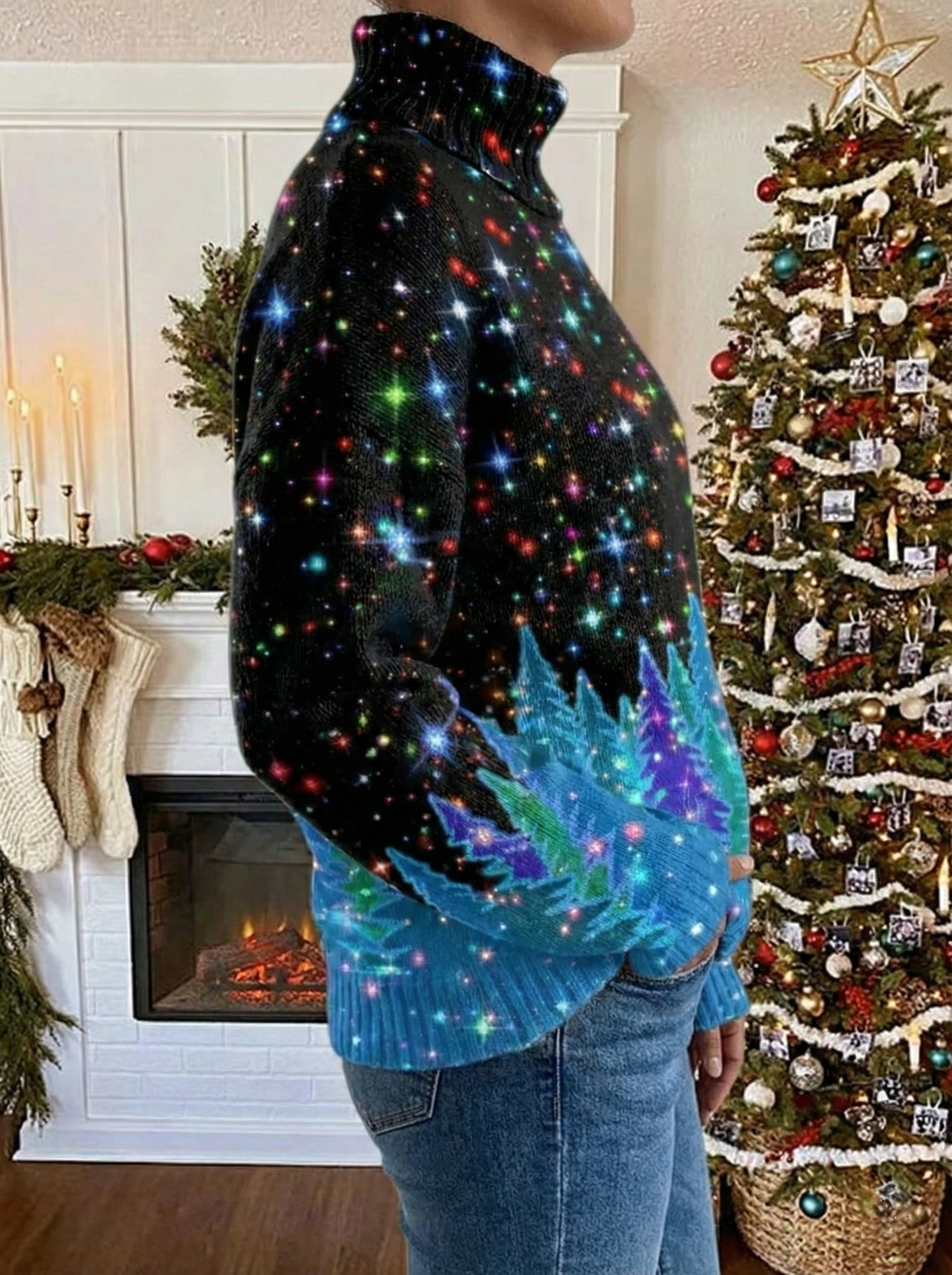 Women's festive turtleneck sweater with colourful Christmas trees and stars