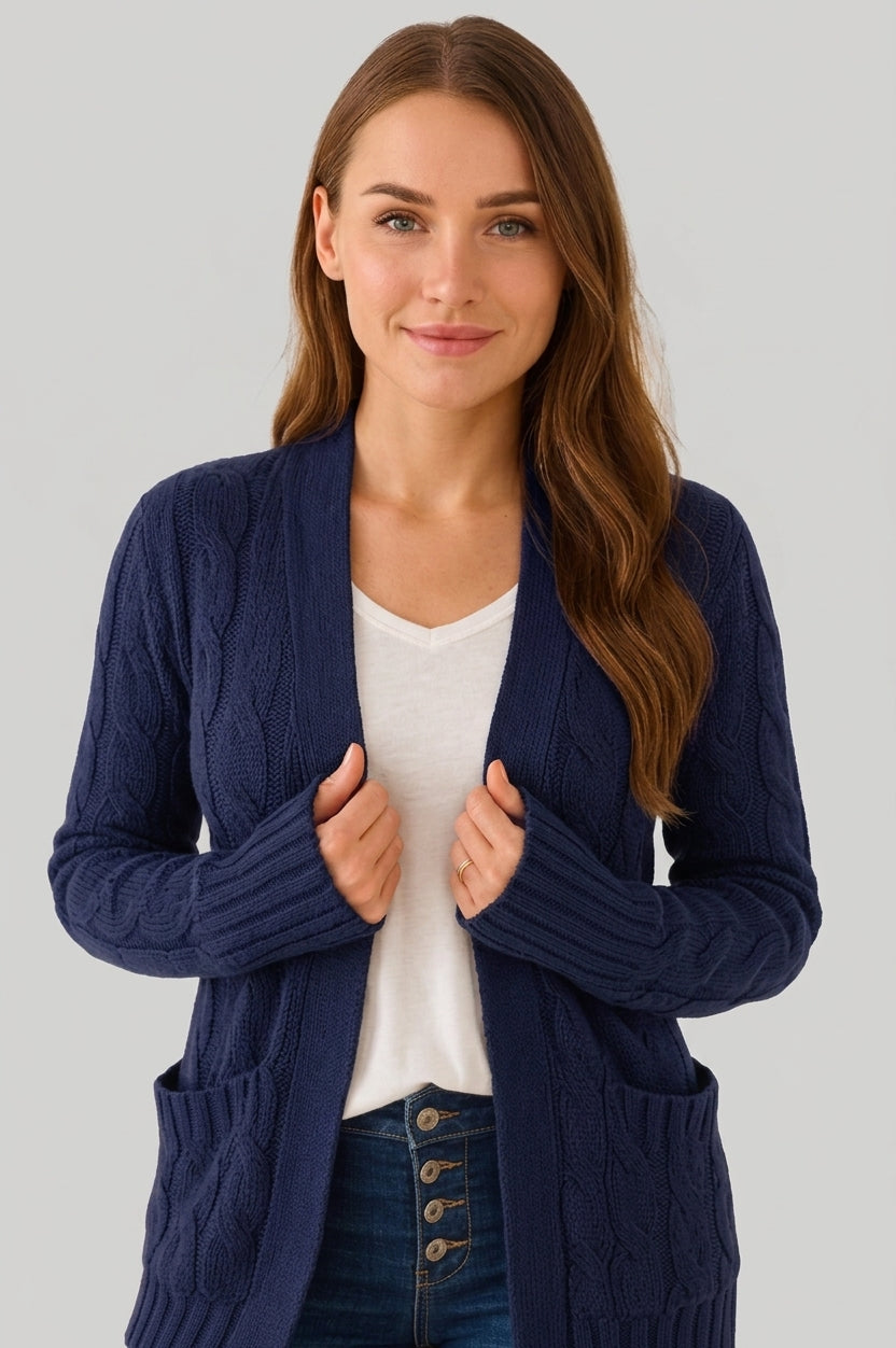 Women's Cable Knit Cardigan, V-Neck, Long Sleeves