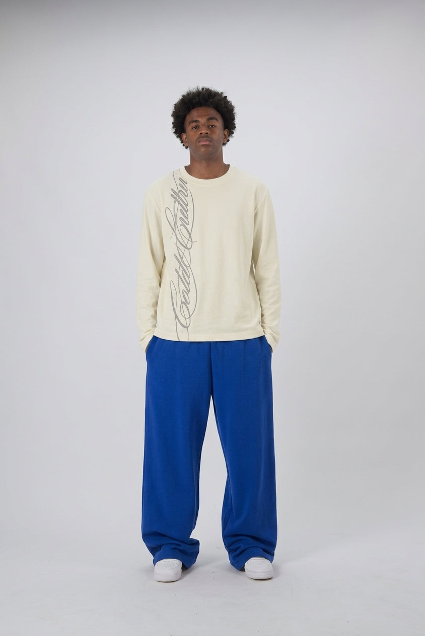 Men's White Waffle Sweatshirt, Graphic Print, Crew Neck