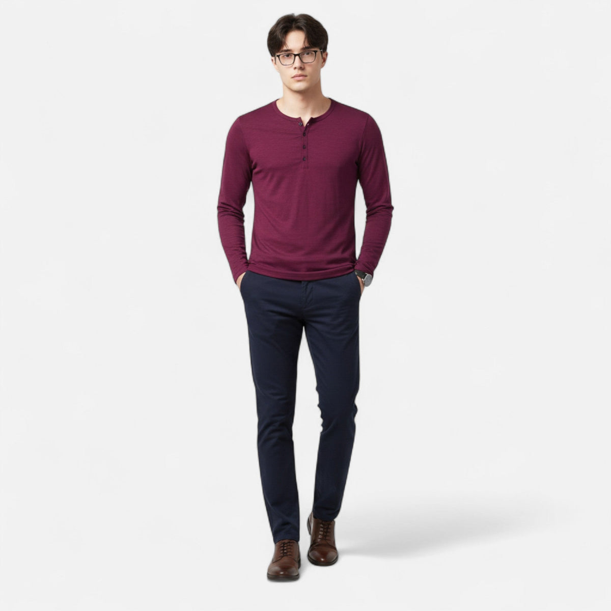 Men's long sleeve Henley shirt with split neckline, button placket and curved hem