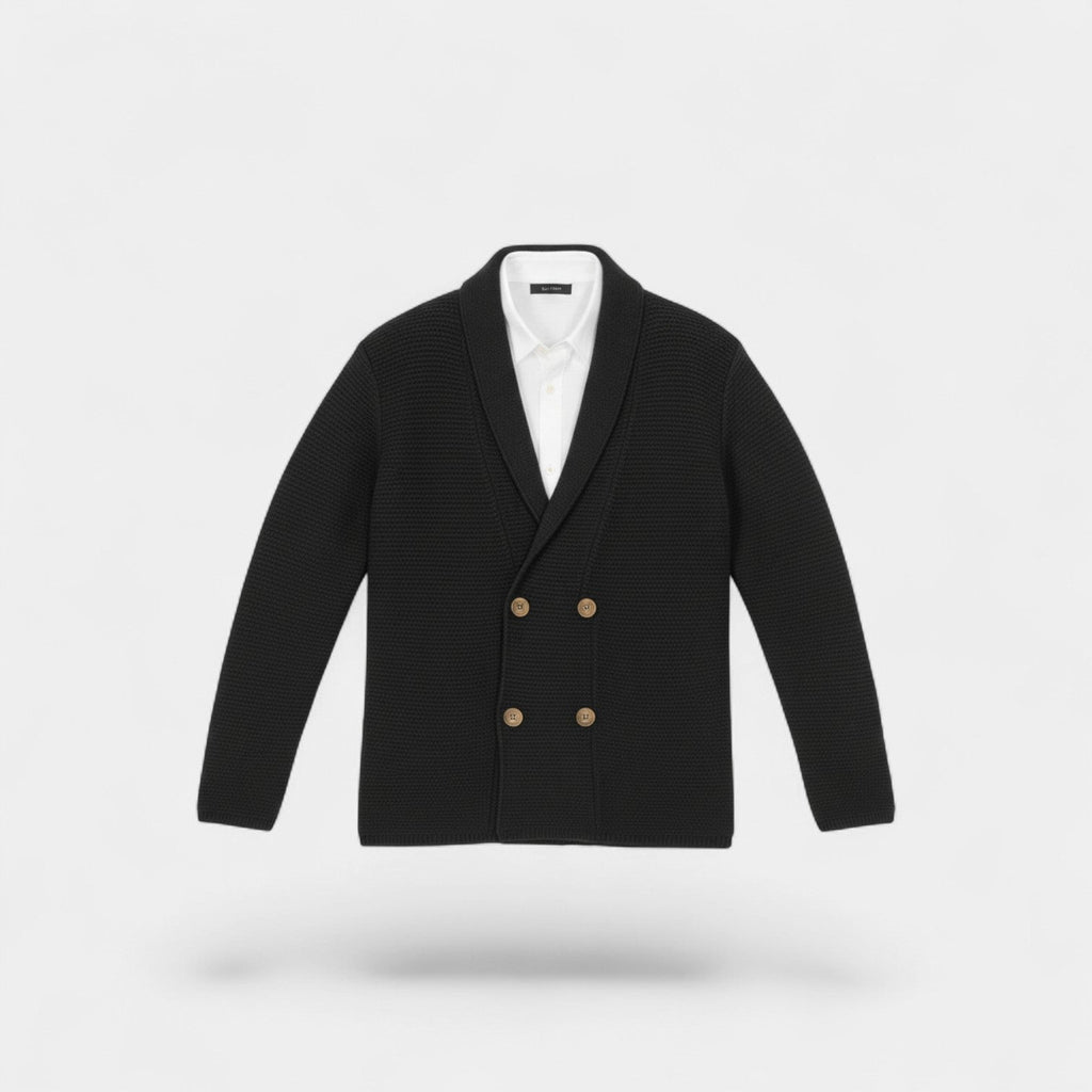 Men's double-breasted knitted cardigan with notched lapels and front pockets