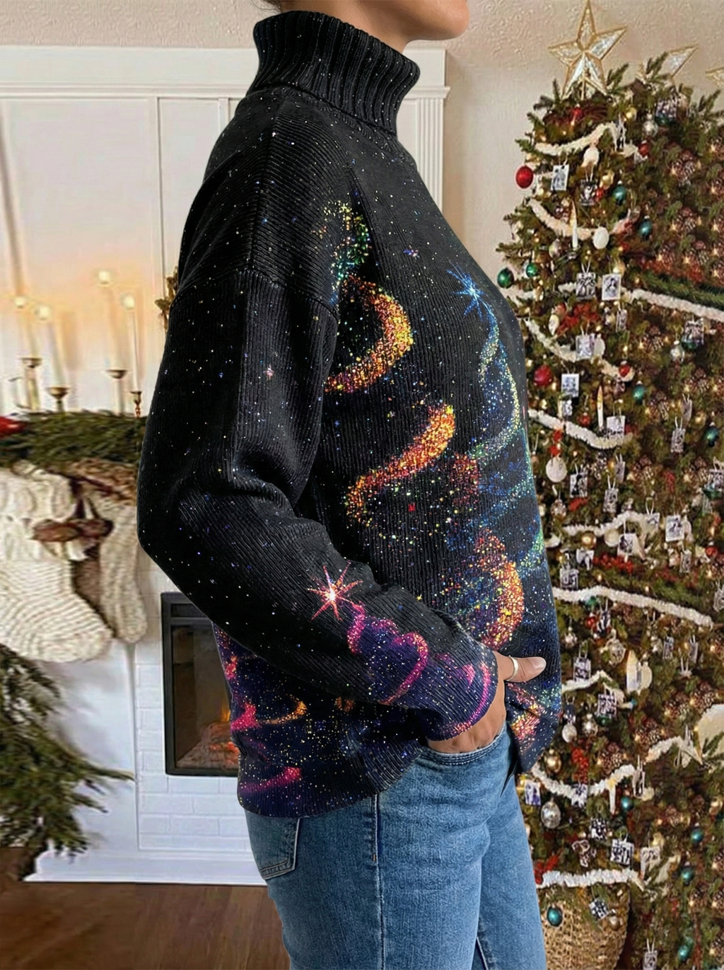 Women's festive turtleneck sweater with colourful Christmas trees and stars