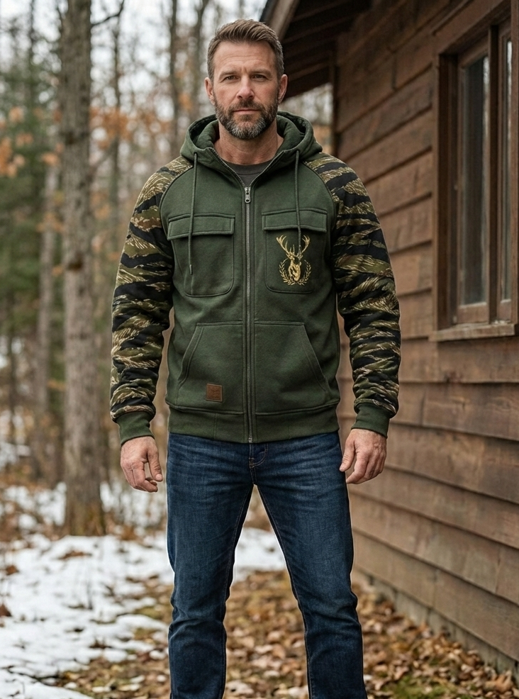 Men's camouflage sleeve zip hoodie with hood and utility pockets