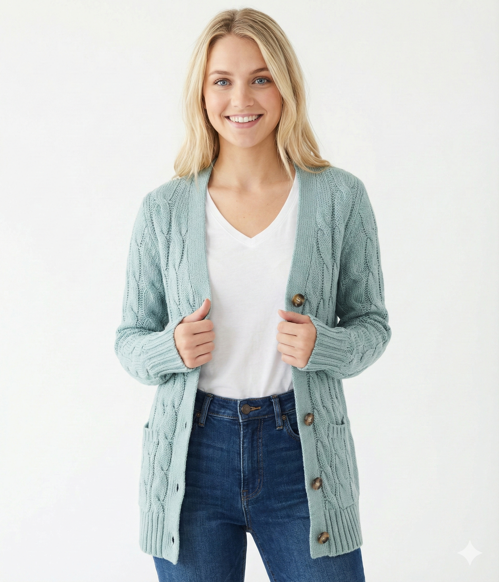 Women's cable knit V-neck cardigan with buttons and patch pockets