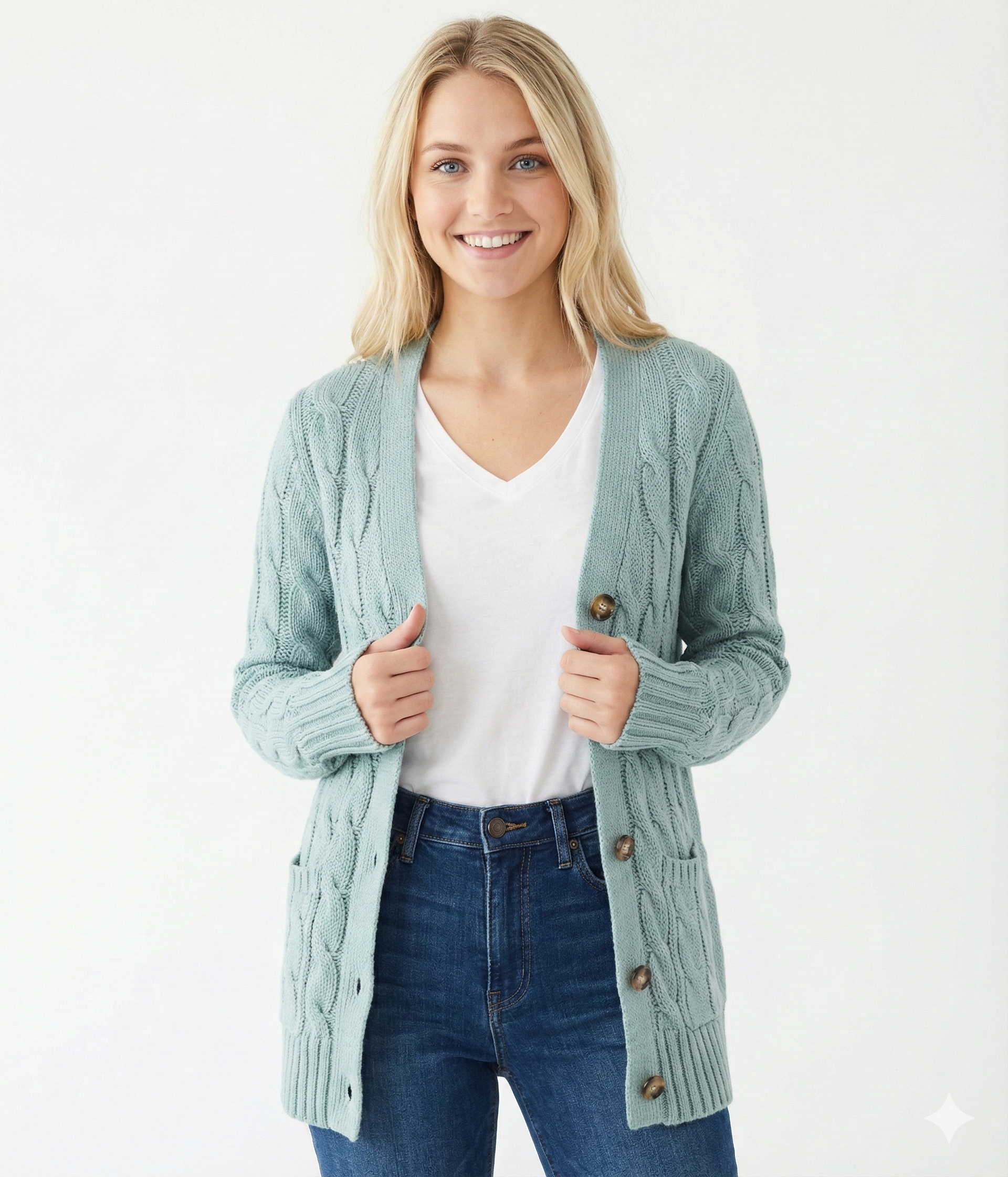 Women's cable knit V-neck cardigan with buttons and patch pockets