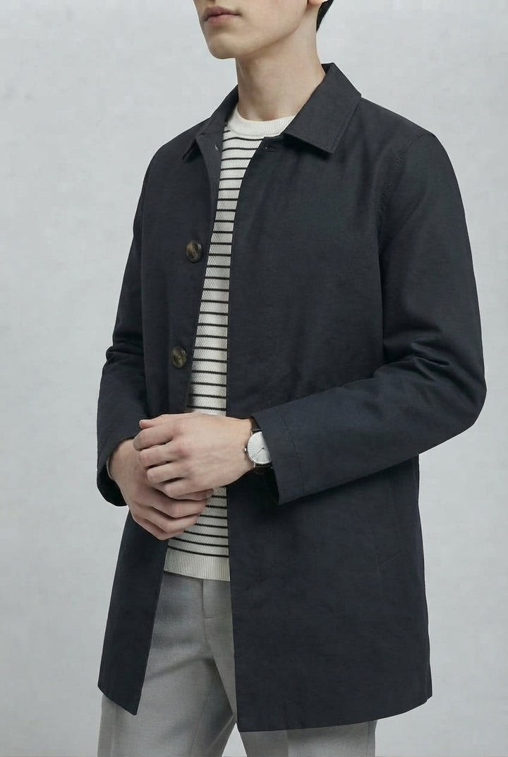 Men's Navy Long Mac Coat, Single Breasted, Point Collar, Button Front