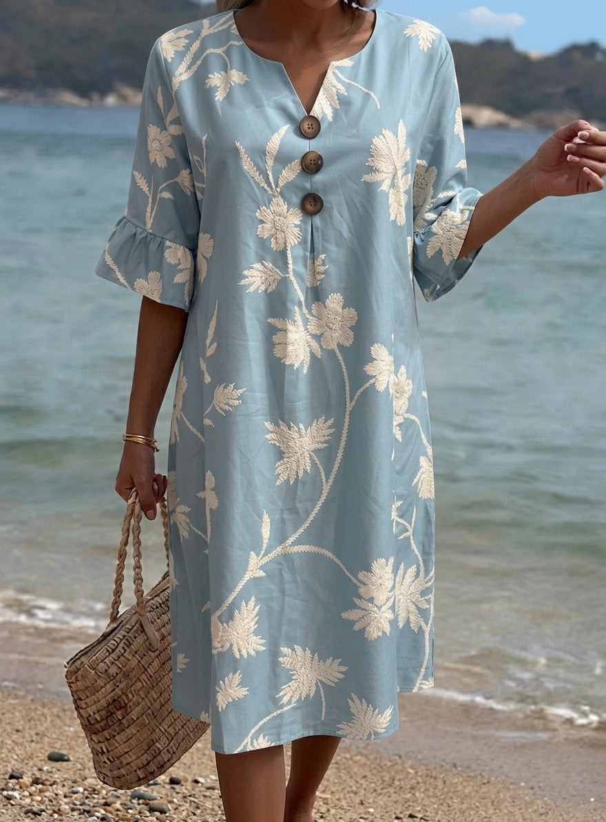 Women's Blue Floral Embroidered Knee Dress, V-Neck, 3/4 Sleeves
