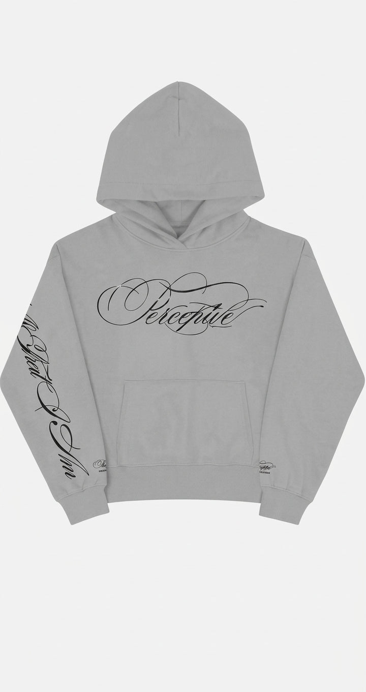 Men's Grey Script Graphic Hoodie, Relaxed Fit, Sleeve Print