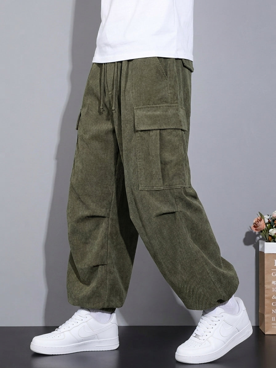 Men's Corduroy Cargo Trousers, Drawstring Waist, Cuffed Hems