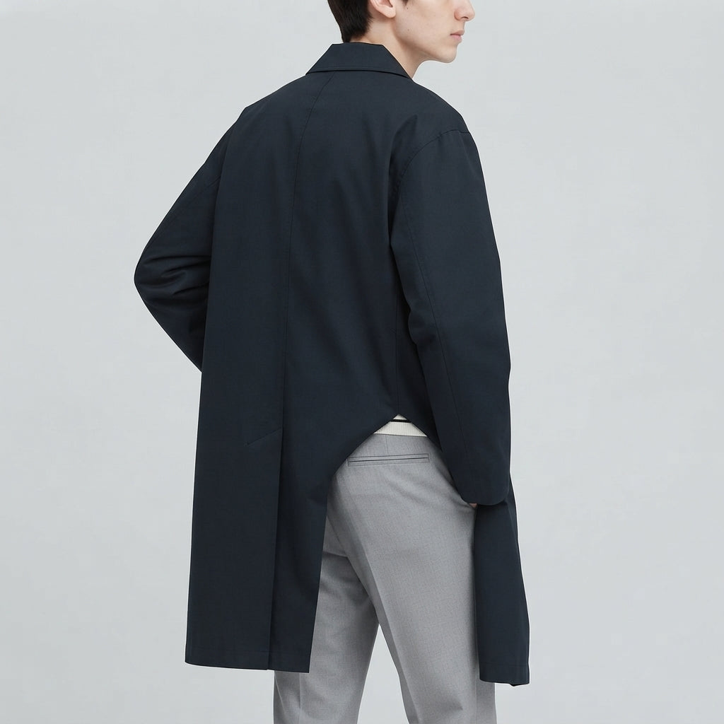 Men's Navy Long Mac Coat, Single Breasted, Point Collar, Button Front