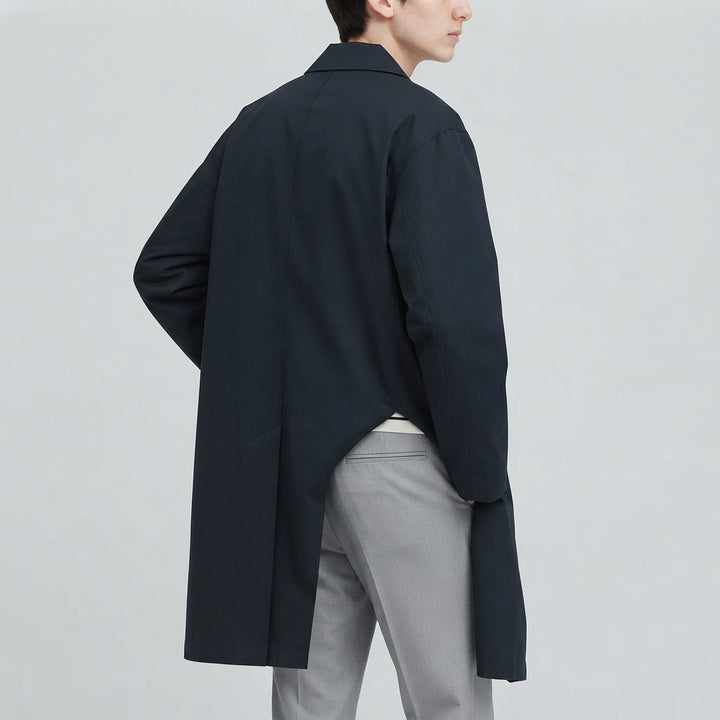 Men's Navy Long Mac Coat, Single Breasted, Point Collar, Button Front