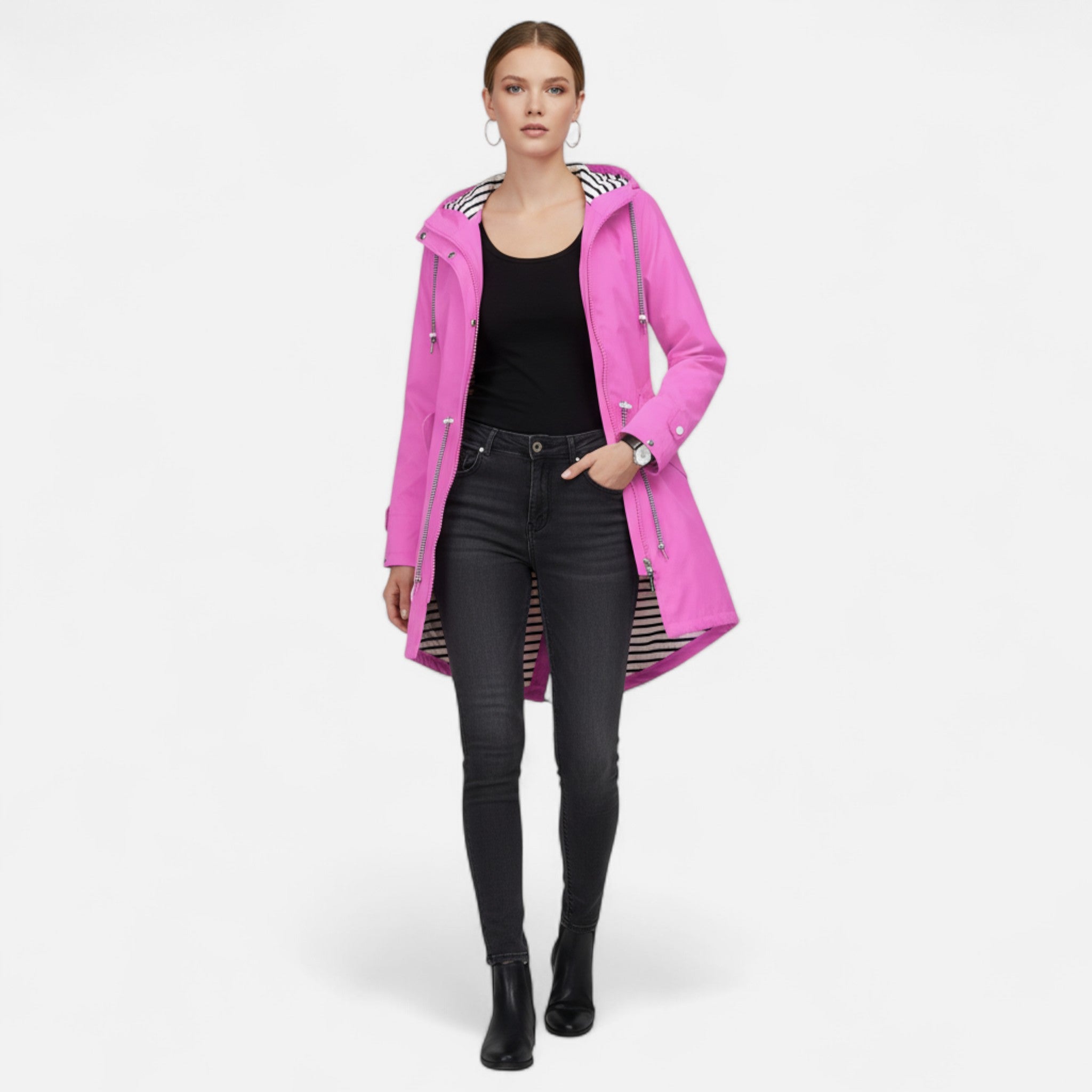 Women's long hooded raincoat with striped lining and zipped pockets