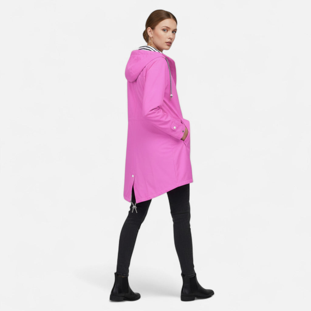 Women's long hooded raincoat with striped lining and zipped pockets