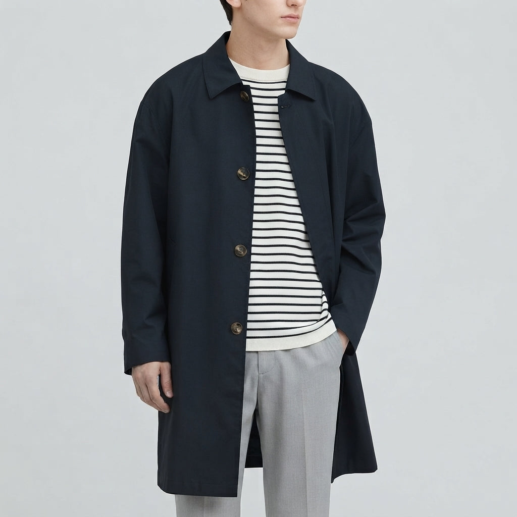 Men's Navy Long Mac Coat, Single Breasted, Point Collar, Button Front