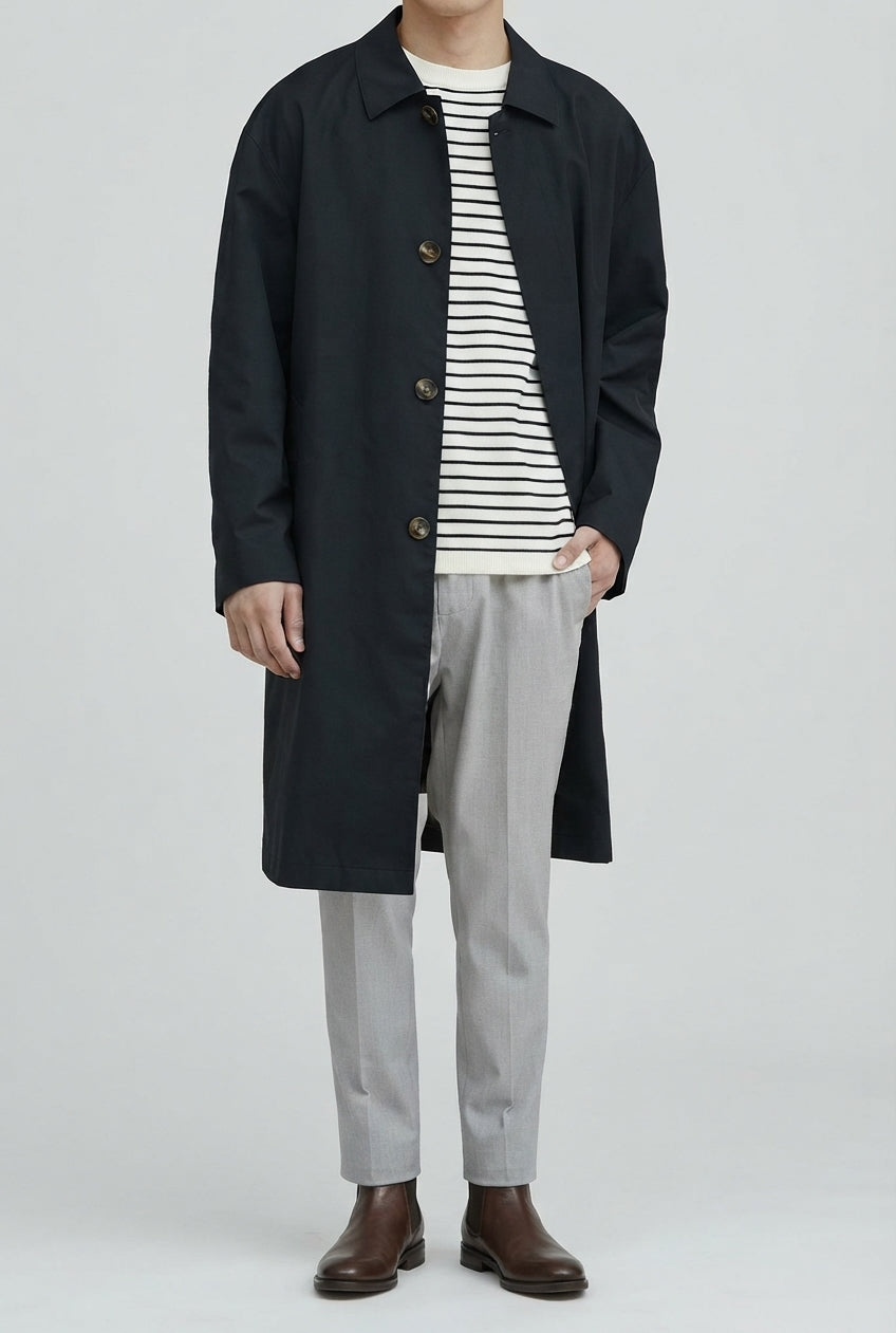 Men's Navy Long Mac Coat, Single Breasted, Point Collar, Button Front