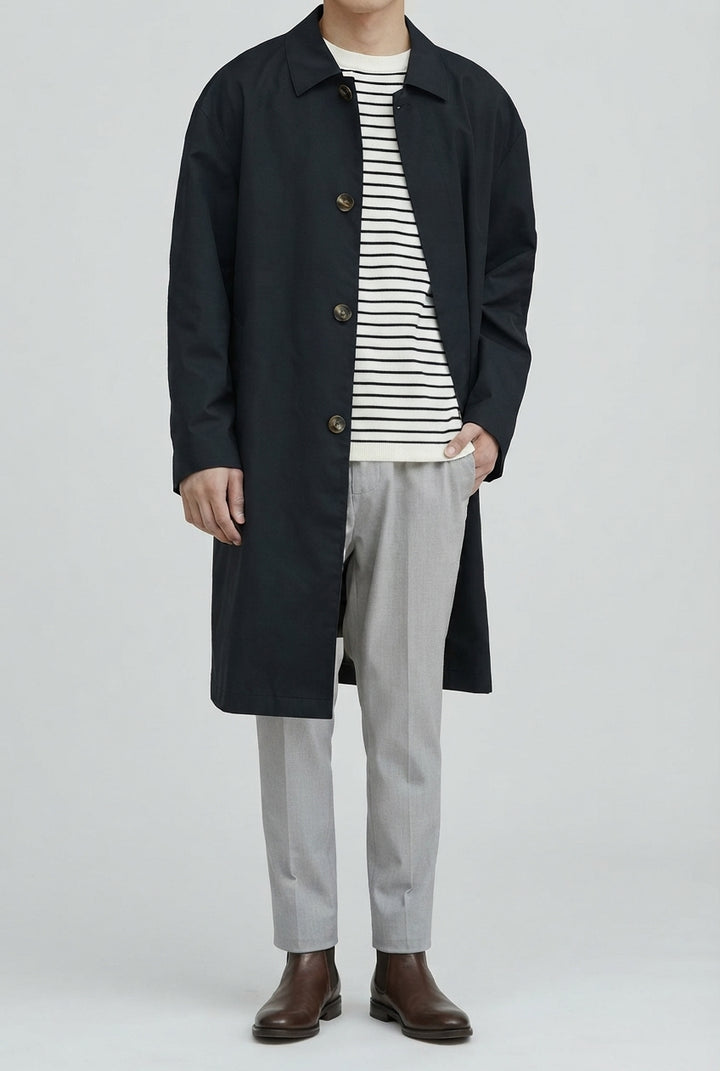 Men's Navy Long Mac Coat, Single Breasted, Point Collar, Button Front