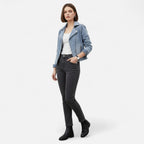Women's light blue cropped denim jacket with lapel collar and zip pockets