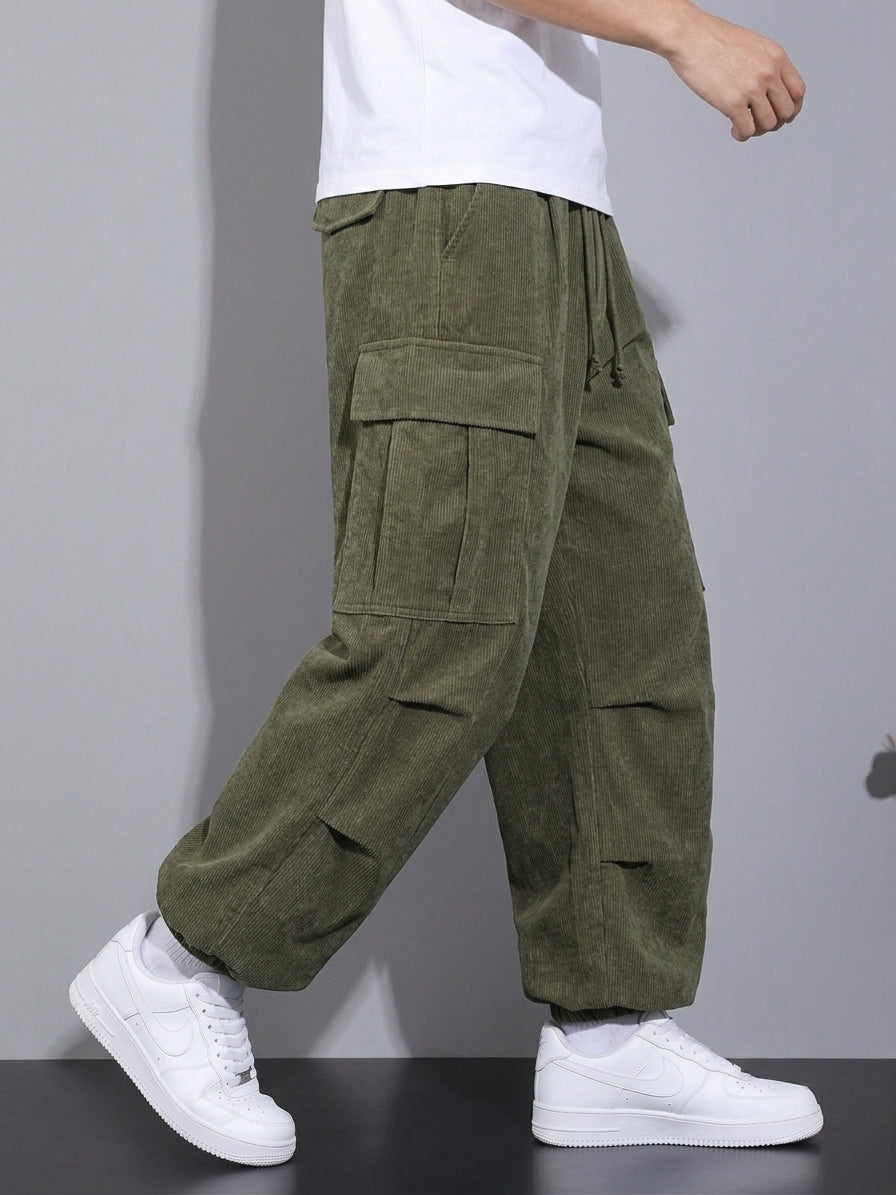 Men's Corduroy Cargo Trousers, Drawstring Waist, Cuffed Hems