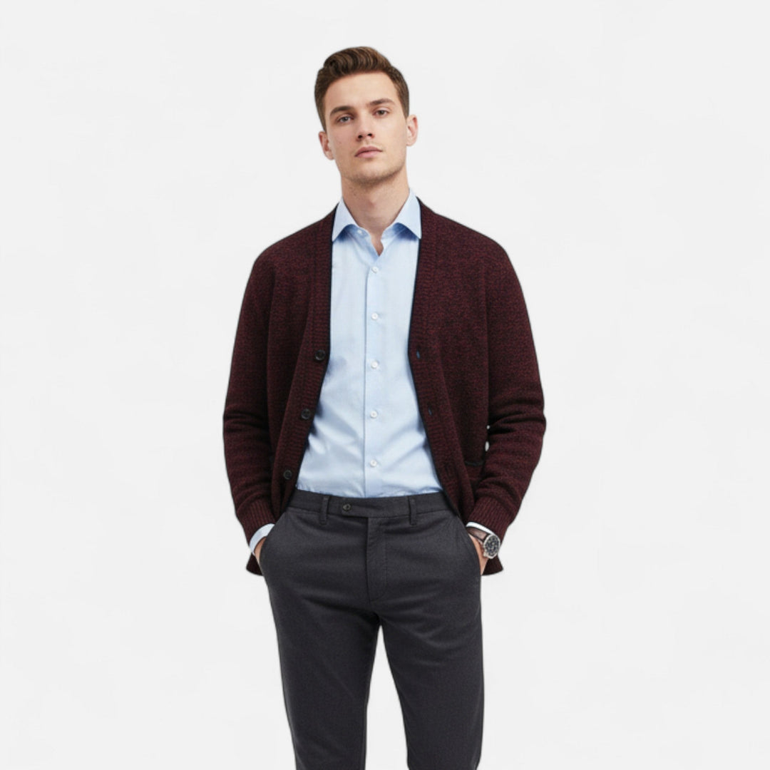 Men's textured knit V-neck cardigan with button front and welt pockets