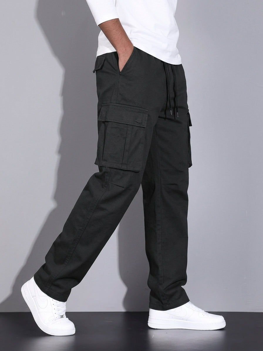 Men's Corduroy Cargo Trousers, Drawstring Waist, Cuffed Hems