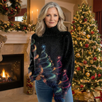 Women's festive turtleneck sweater with colourful Christmas trees and stars