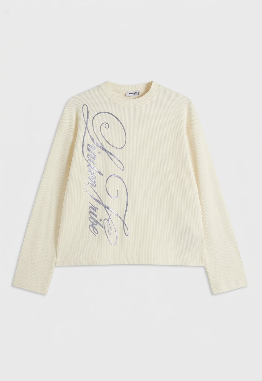 Men's White Waffle Sweatshirt, Graphic Print, Crew Neck