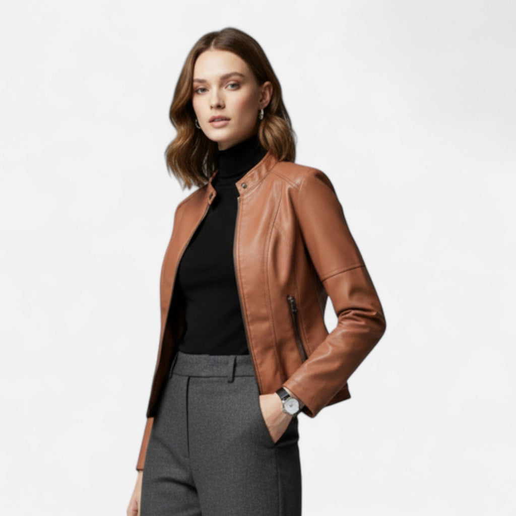 Women's cropped zip-up jacket with stand collar and zipped pockets