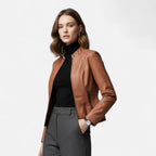 Women's cropped zip-up jacket with stand collar and zipped pockets