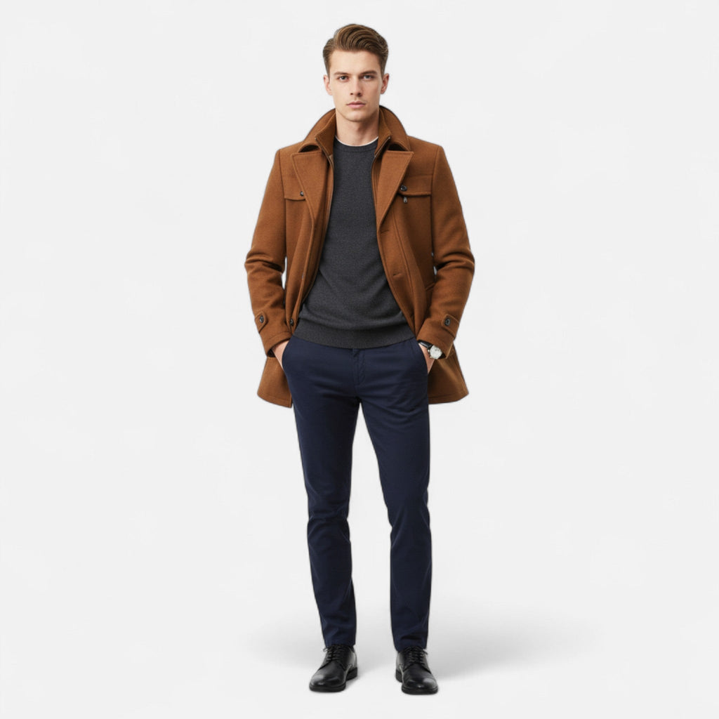 Men's long coat with stand collar, zip and button front, and multiple pockets